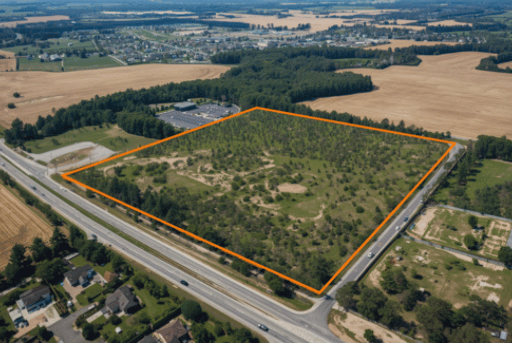 Aerial view of an orange-outlined vacant parcel along a highway, surrounded by residential, farm, and commercial land.