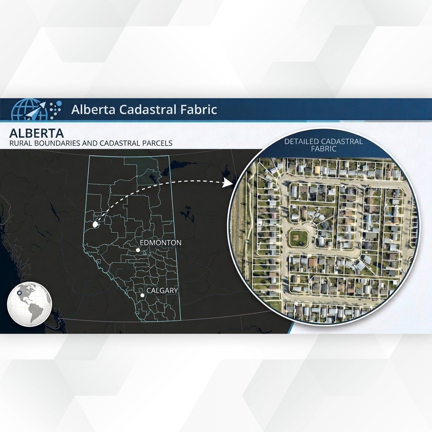 Alberta cadastral fabric map with detailed parcel grid inset for land data management