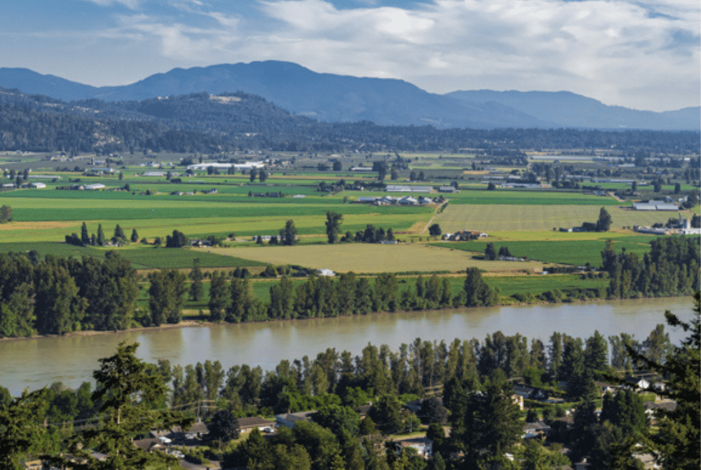 Aerial view of a river bordered by farmland, trees, and rural properties with mountains in the distance.