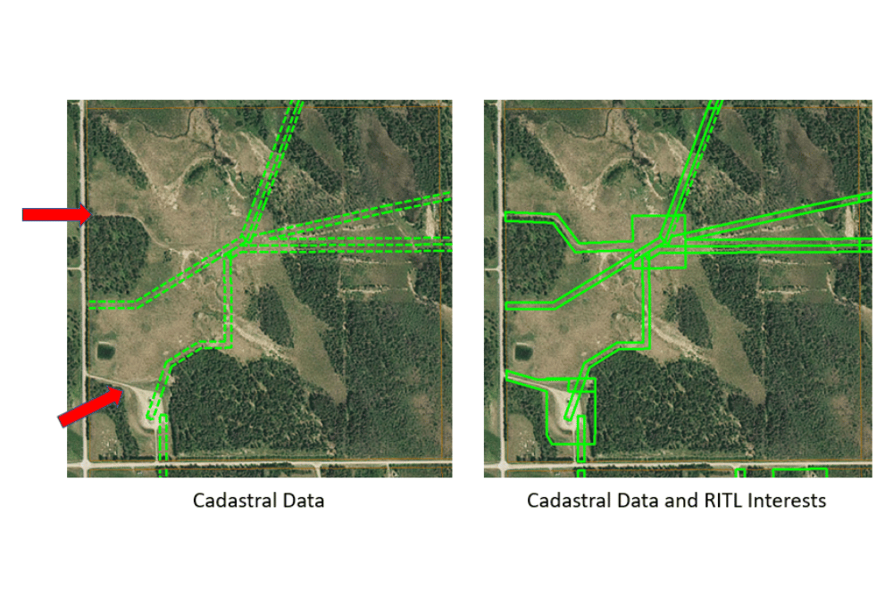 Comparison of aerial parcel maps showing cadastral data before and after adding Registered Interests on Titled Land