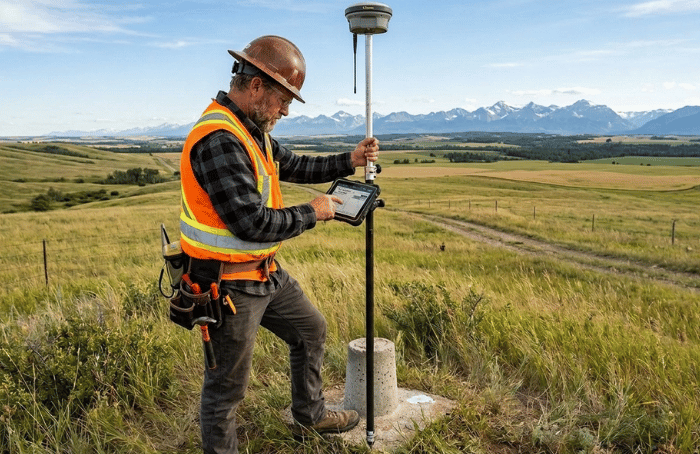 Surveyor in a hard hat and safety vest uses a GPS pole and tablet in an open field with mountains in the background.