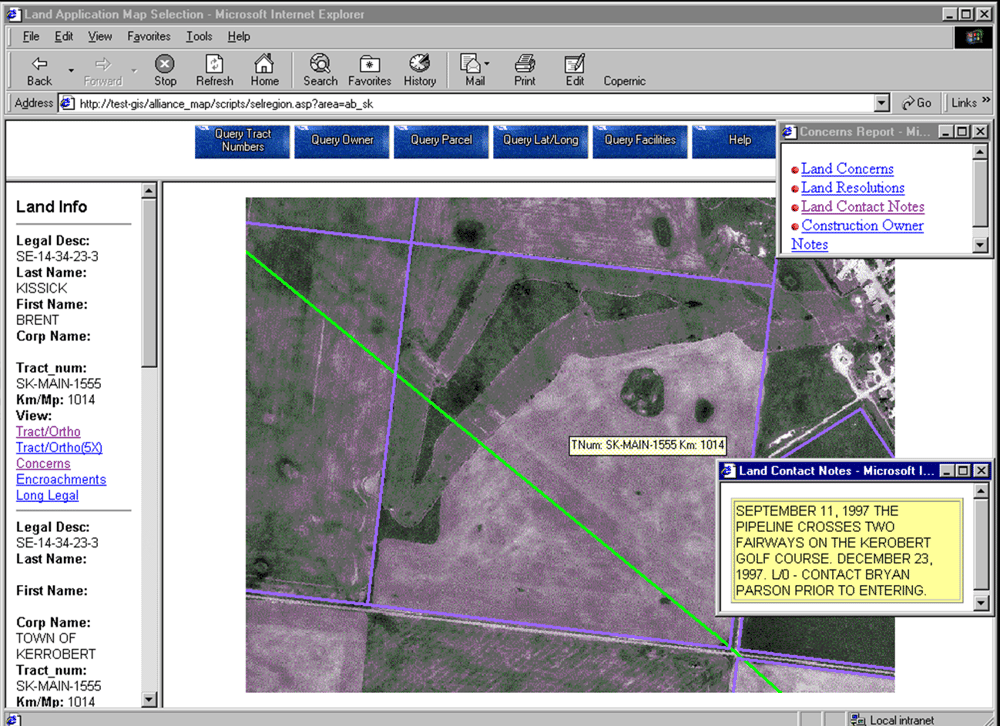 SmartMap Web GIS platform displaying land parcel data and aerial imagery for Alliance Pipeline's pipeline corridor.
