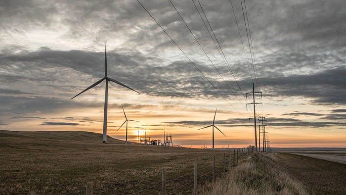Wind turbines and power lines stretching across an open landscape at sunset beneath a cloudy sky.