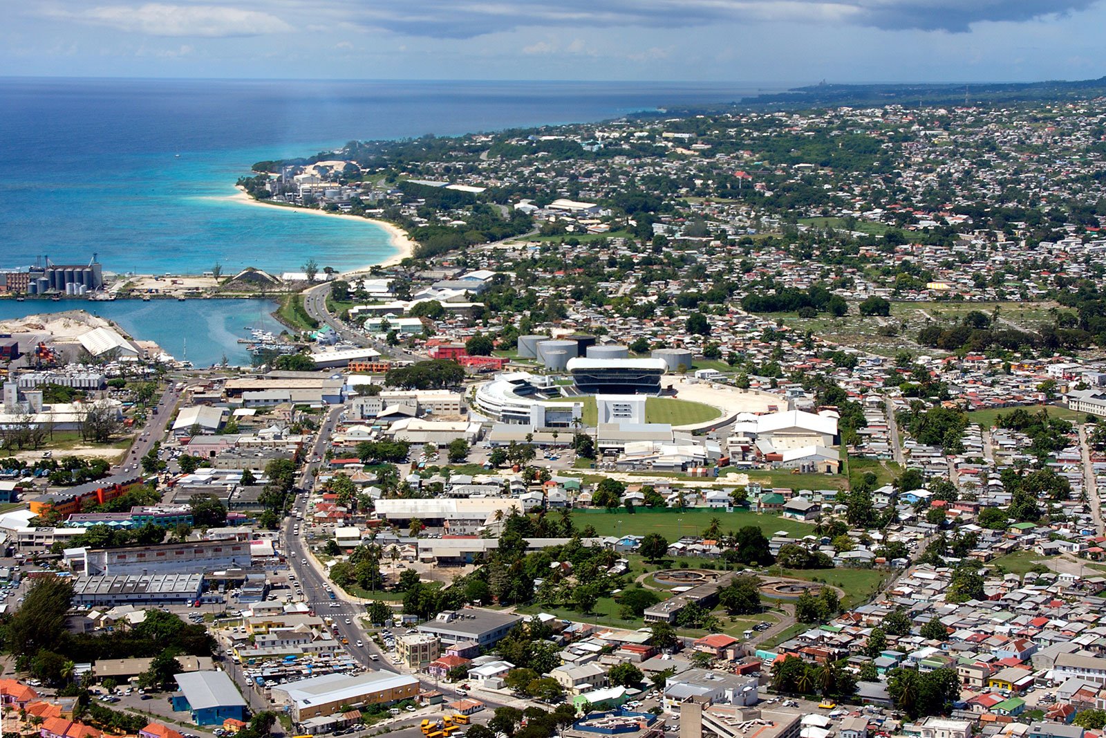 Coastal city with urban development and shoreline
