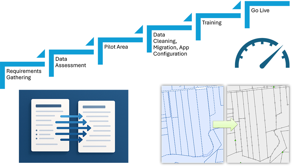 Data migration workflow illustrating assessment, data cleansing, migration, training, and go-live activities