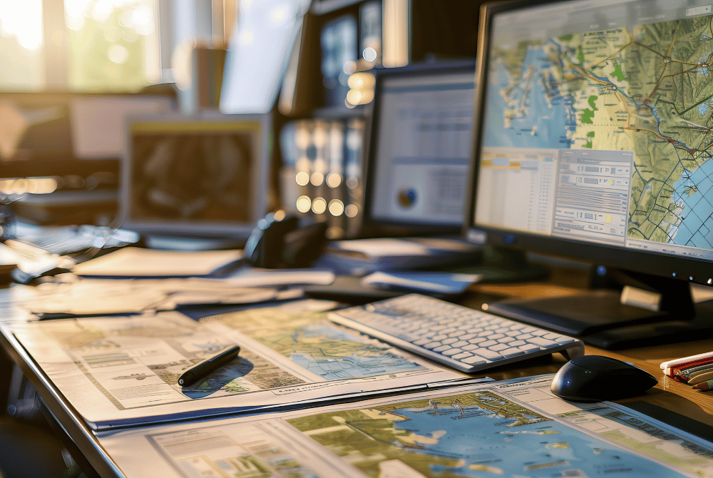 Computer workstation with multiple monitors displaying maps and data, surrounded by printed maps and documents