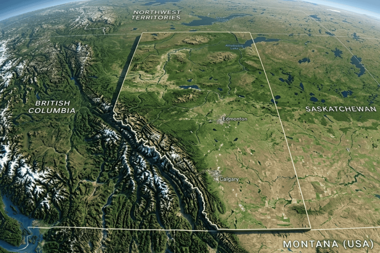 Satellite view of Alberta and western Canada highlighting provincial boundaries and landscape features