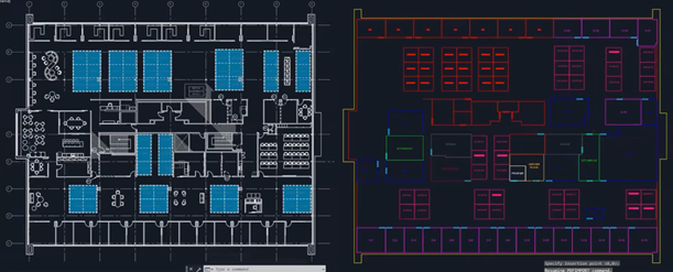 The original PDF floor plan (left) was imported into AutoCAD and used to create CAD features (right)