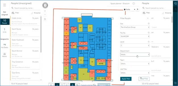 The Indoor Space Planner Web Application showing a panel on the right for filtering data