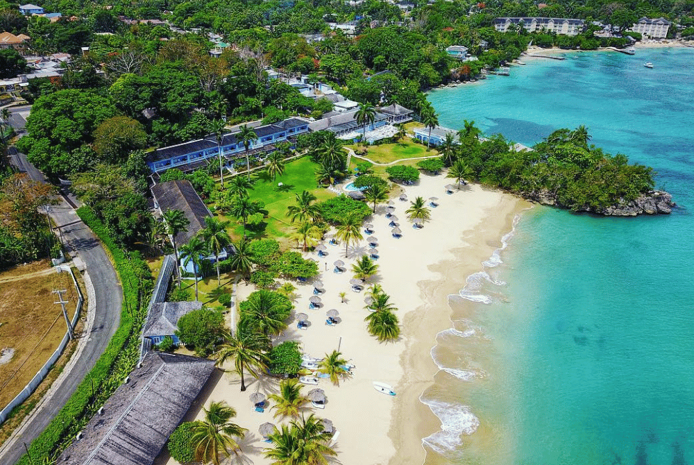Aerial view of Jamaica's tropical coastline featuring a sandy beach, palm trees, and turquoise waters.