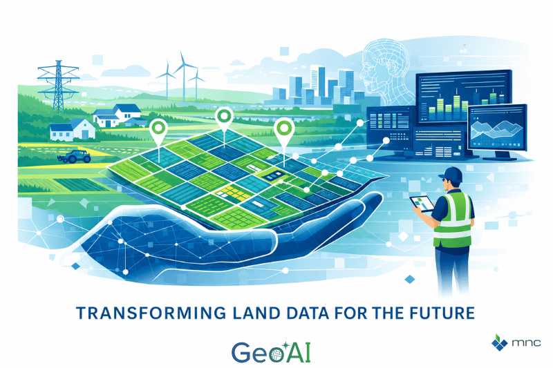 Illustration of connected land data systems supporting parcel fabric modernization and geospatial analytics