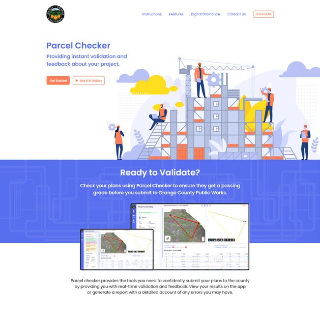 Parcel Checker website showing GIS validation dashboards for submitting plans to Orange County Public Works.