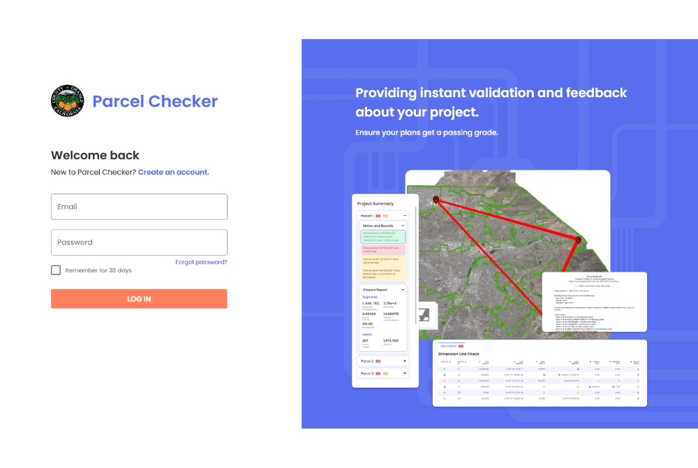 Parcel Checker app login screen and dashboard showing GIS map validation, project summary, and dimension line check reports.