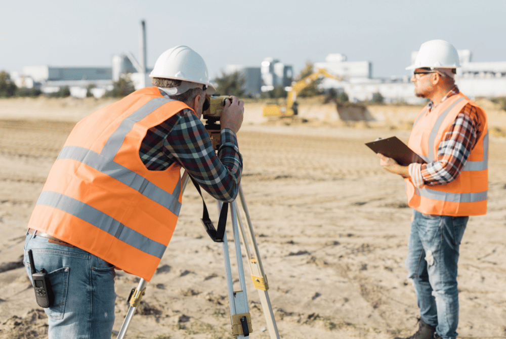 Two construction workers wearing hard hats and high-visibility vests conducting a land survey at a work site