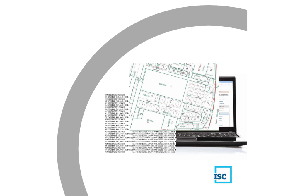 Laptop displaying a digital survey plan map with supporting data records, framed by a large gray arc graphic.