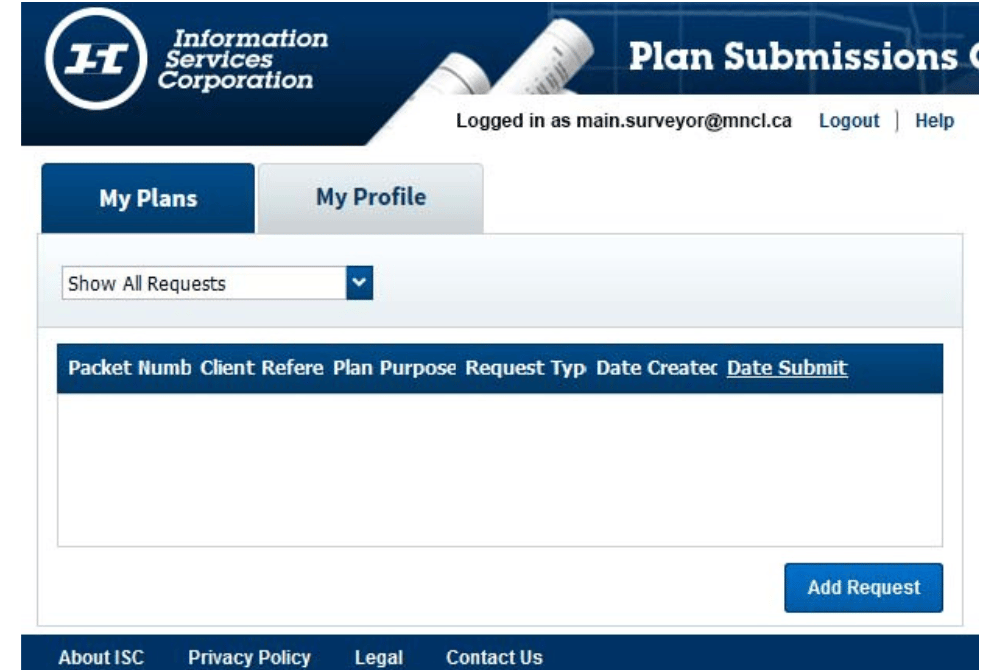 Plan submission portal dashboard showing account tabs, request filters, and a request list