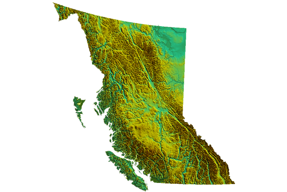 Relief map of British Columbia showing terrain elevation, mountain ranges, valleys, and coastal islands