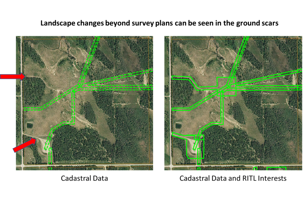 Side-by-side aerial map images displaying land boundary overlays and highlighted geographic features