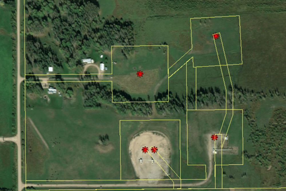Aerial image showing mapped Registered Interests on Titled Land boundaries and infrastructure locations