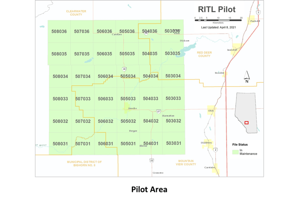 Regional map with a highlighted pilot area, numbered grid cells, roads, and municipal boundaries.
