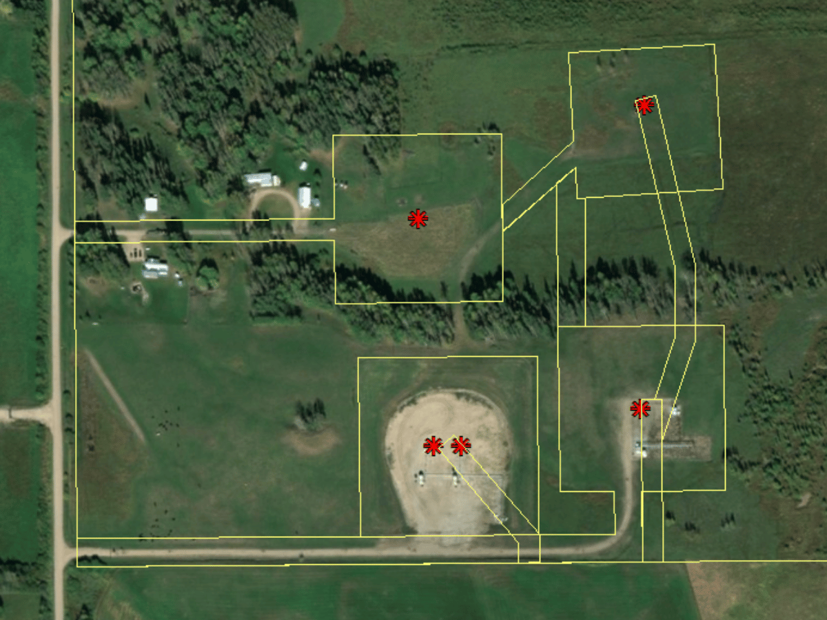 Aerial image showing mapped Registered Interests on Titled Land boundaries and infrastructure locations.