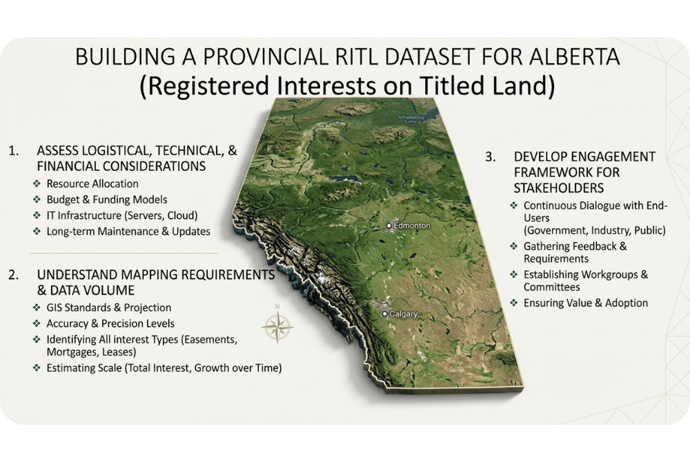 Infographic showing planning, mapping, and stakeholder engagement considerations for a provincial Alberta land dataset