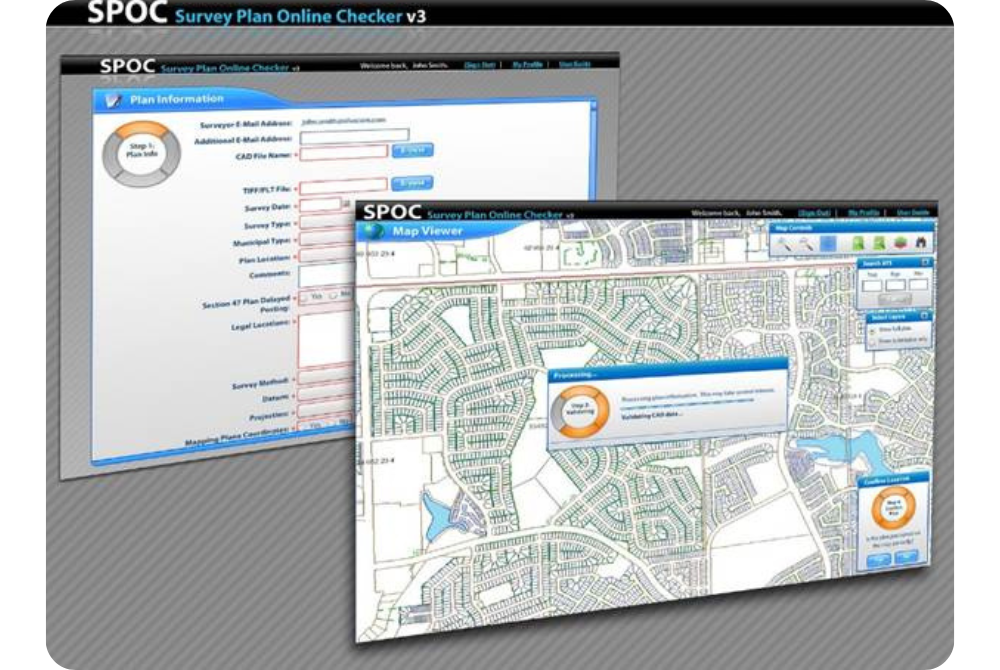 Screenshots of the SPOC Survey Plan Online Checker interface showing a digital plan submission form and map viewer.