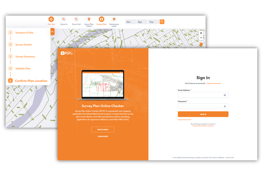 Digital survey plan submission platform with mapping tools and user authentication screens