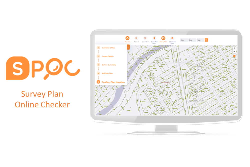 Computer screen showing the SPOC Survey Plan Online Checker mapping application.