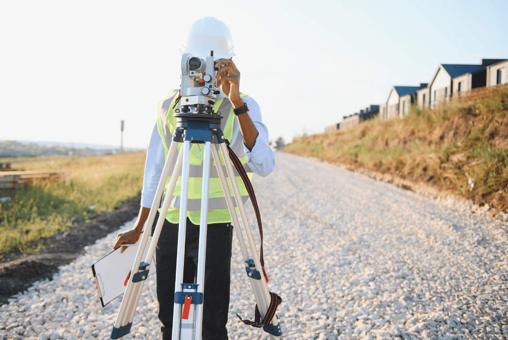 Surveyor using a tripod-mounted instrument beside a gravel road near a residential development.