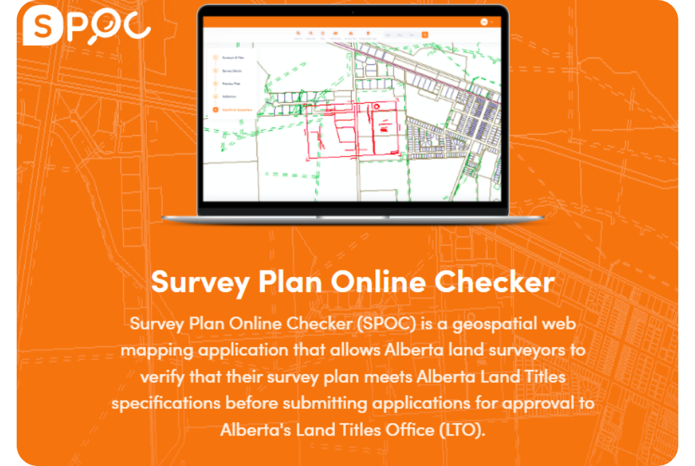 SPOC web app on a laptop for validating Alberta survey plans before Land Titles Office submission.