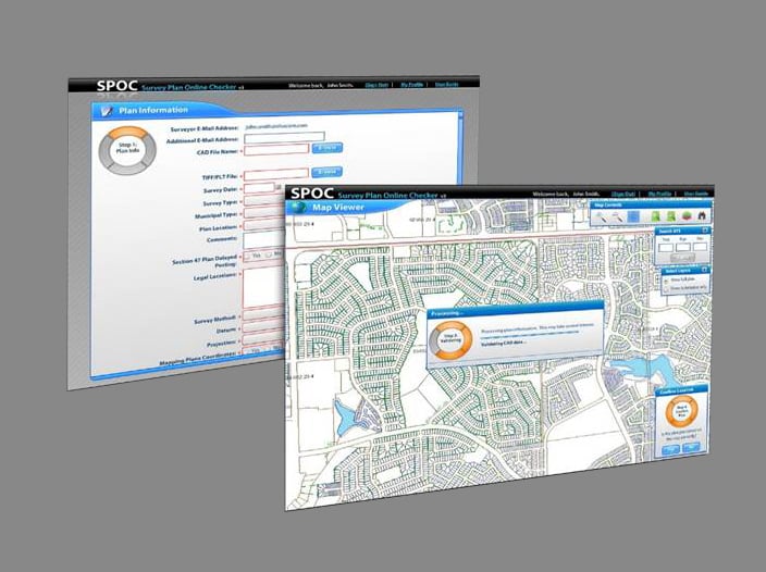 Screenshots of the SPOC Survey Plan Online Checker interface showing a digital plan submission form and map viewer.