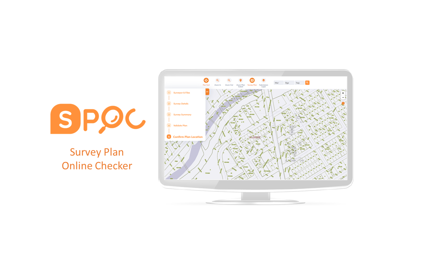 Computer screen showing the SPOC Survey Plan Online Checker mapping application.