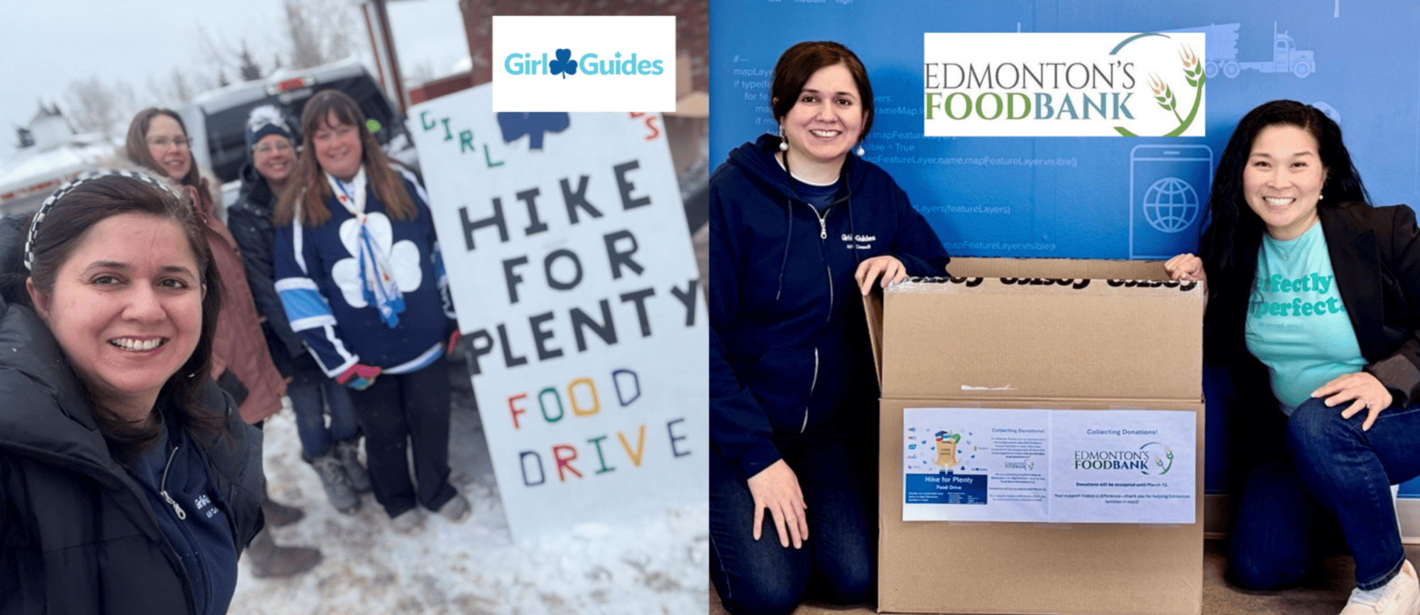 Food drive volunteers posing with donation collection boxes and campaign signs.