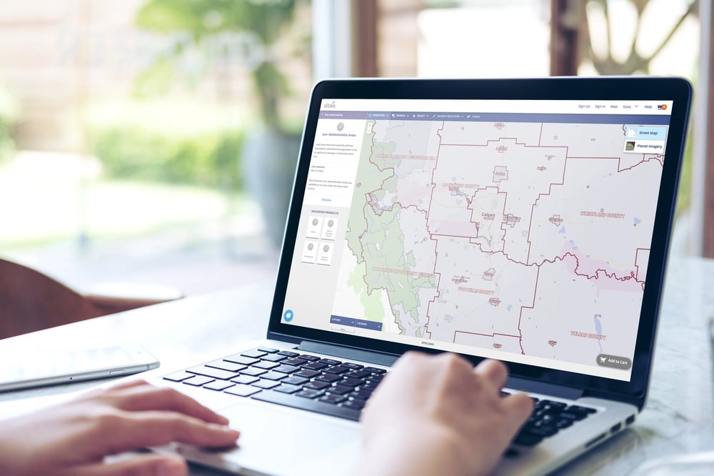 Geo-administrative boundaries mapping data on a computer screen