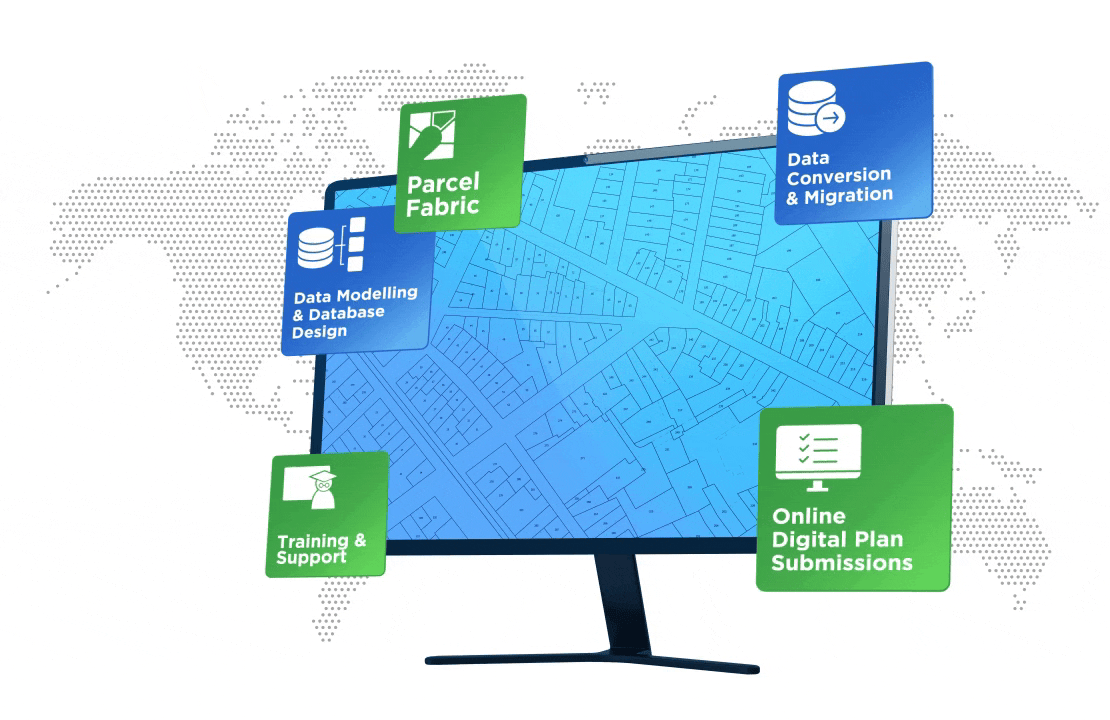 Parcel fabric and land data workflows visualized on screen supporting modern land administration showing animation